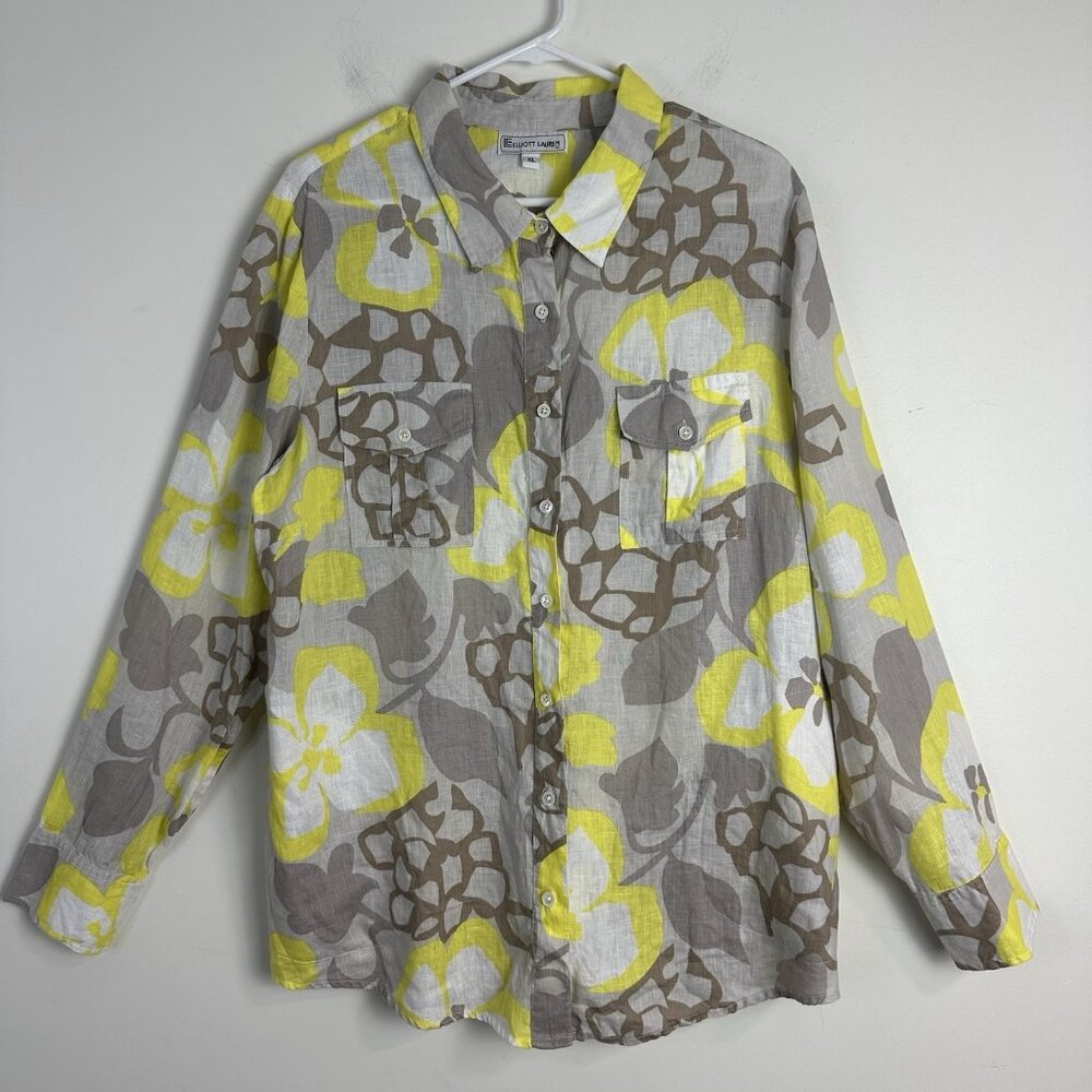 Elliott Lauren Linen Button‎ Up Shirt Womens XL Pockets LS Collared Yellow Tan